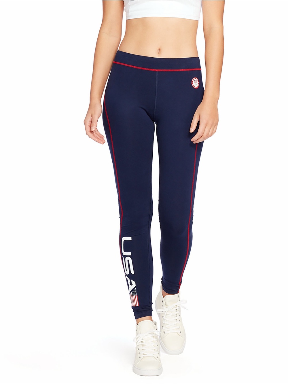 2016 Polo Ralph Lauren Navy Blue USA Logo Performance Leggings with Red Piping